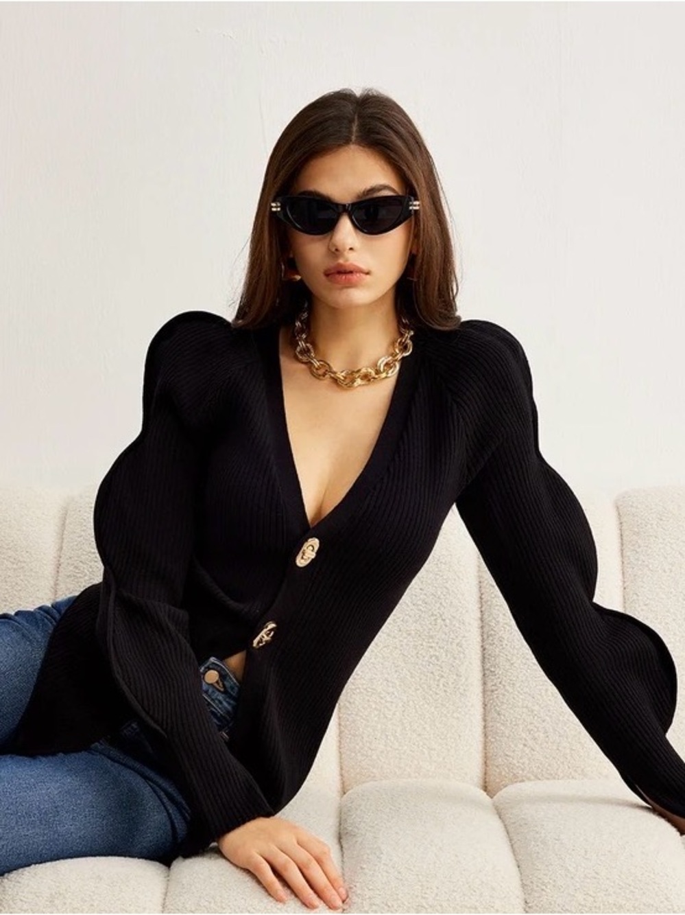 Black wave bubble Puff-Sleeve V-Neck Cardigan Sweater with gold hardware clasp L